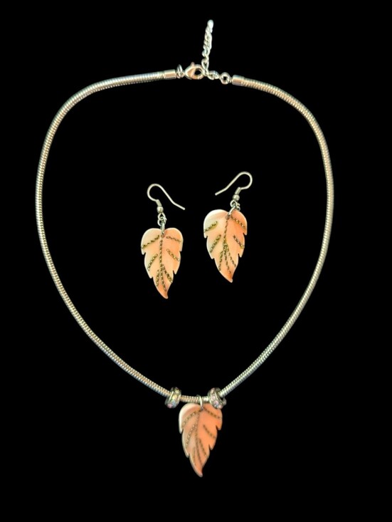 Jewelry - Leaf Pendant Necklace and Earrings Set Peach and Gold Silver Fall Autumn Jewelry